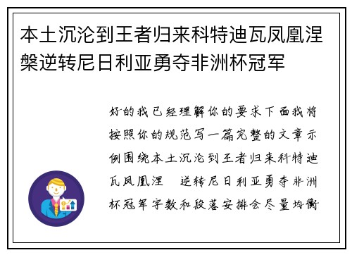 本土沉沦到王者归来科特迪瓦凤凰涅槃逆转尼日利亚勇夺非洲杯冠军